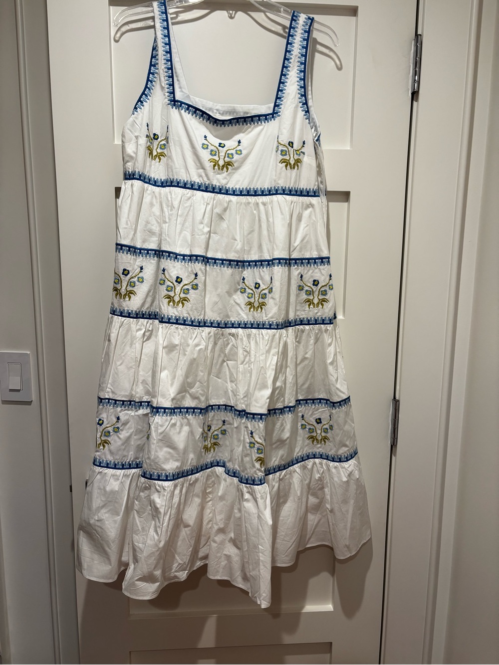 English Factory White Maxi Dress with Blue Trim and Green Embroidery